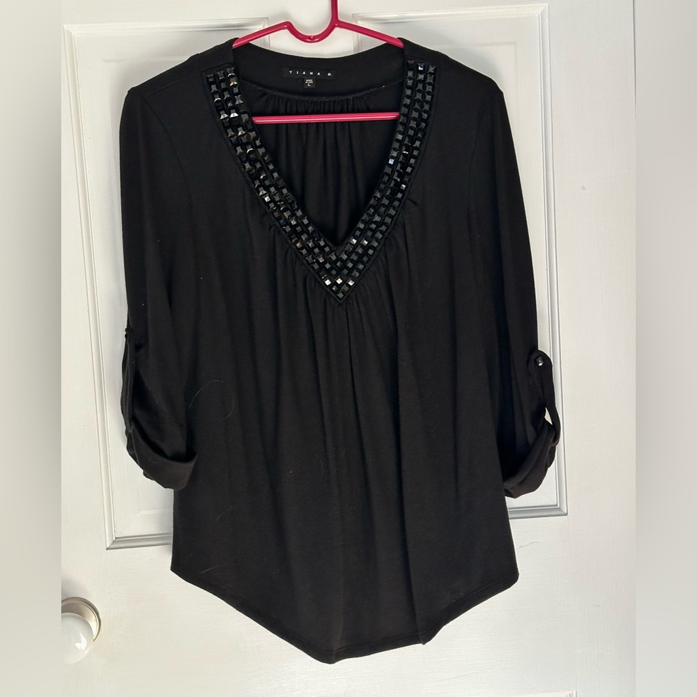 Black Tiana B v-neck shirt with sparkle details at neck and rolled sleeves - L